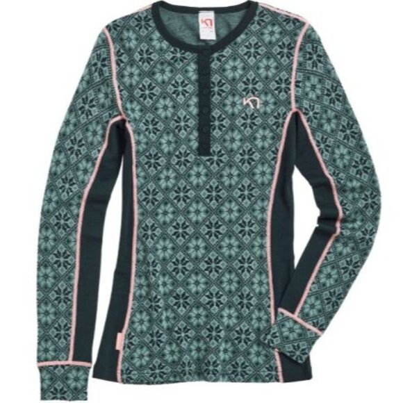 Kari traa Rose Base layer Size Medium 1/4 Button Up Wool NWT Green Navy Long Sle - Picture 1 of 14